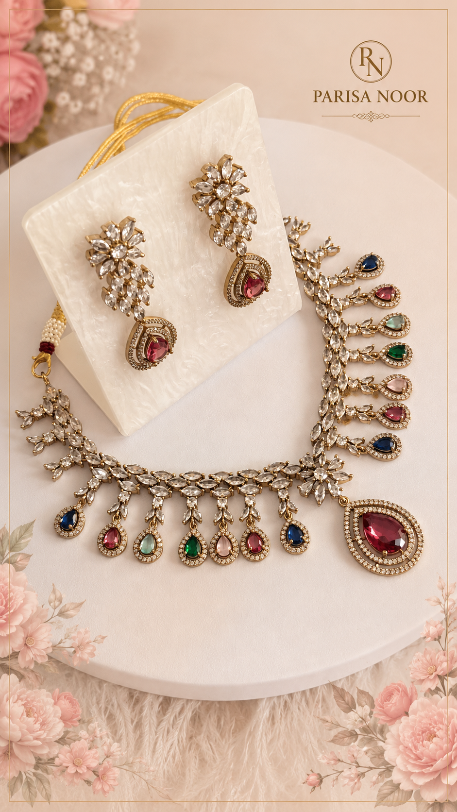 Maria Victorian Mehendi Polish AD Multi Necklace Set