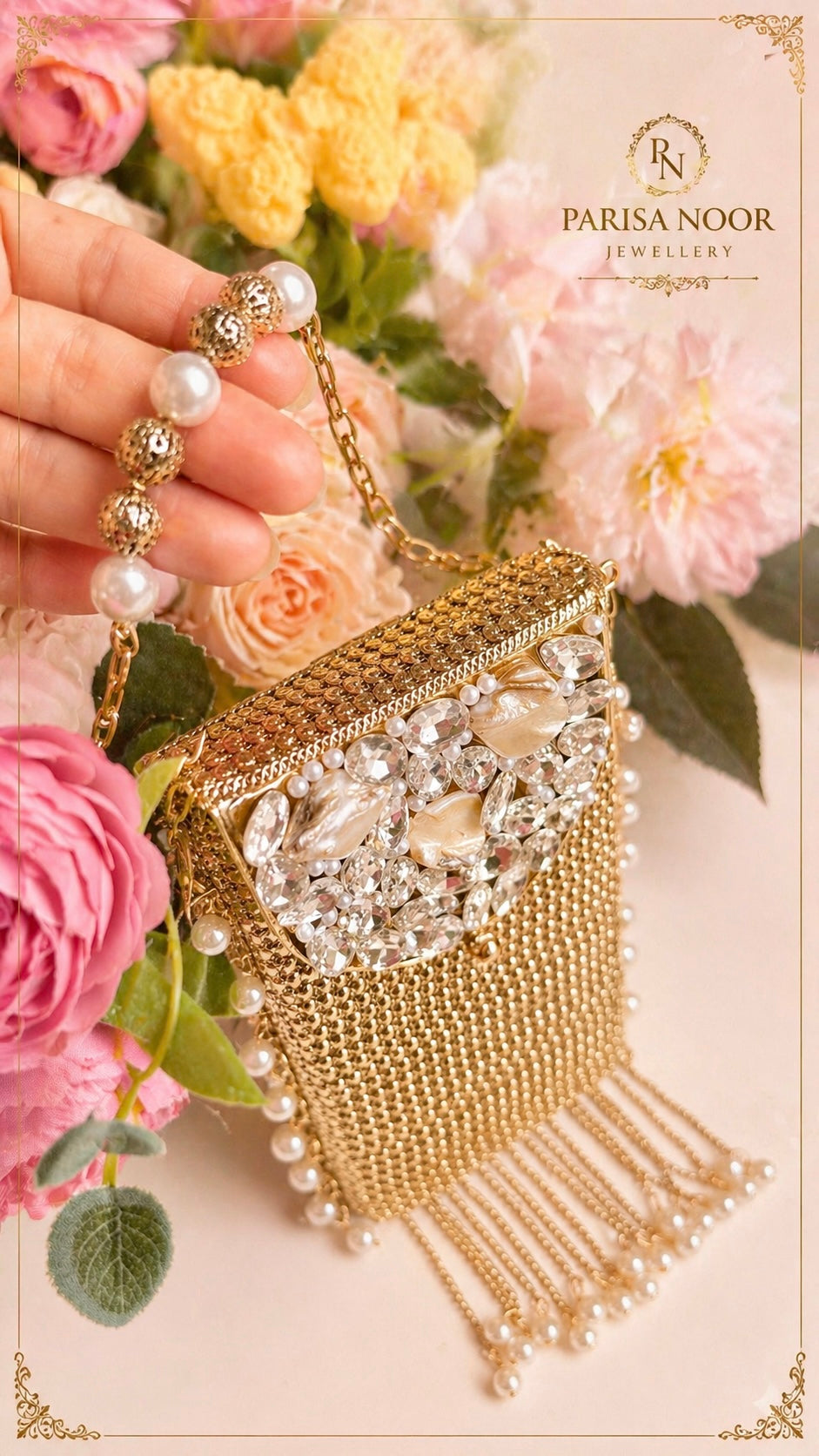 Brass Mother of Pearl Mobile Clutch Bag Gold