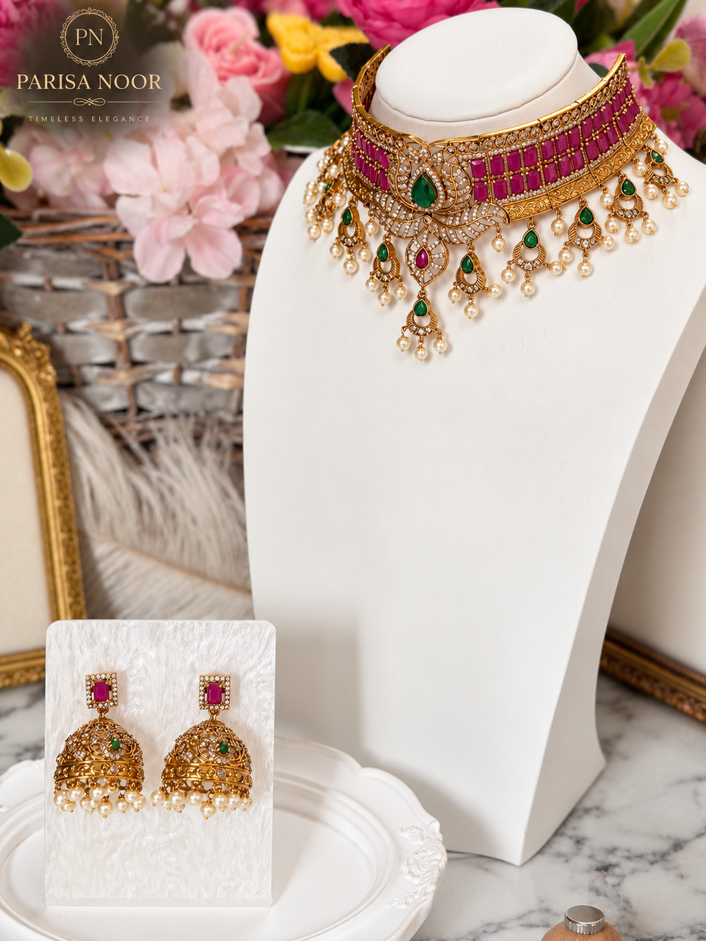 Ariella Luxury Heritage AD Choker Set Ruby Pink