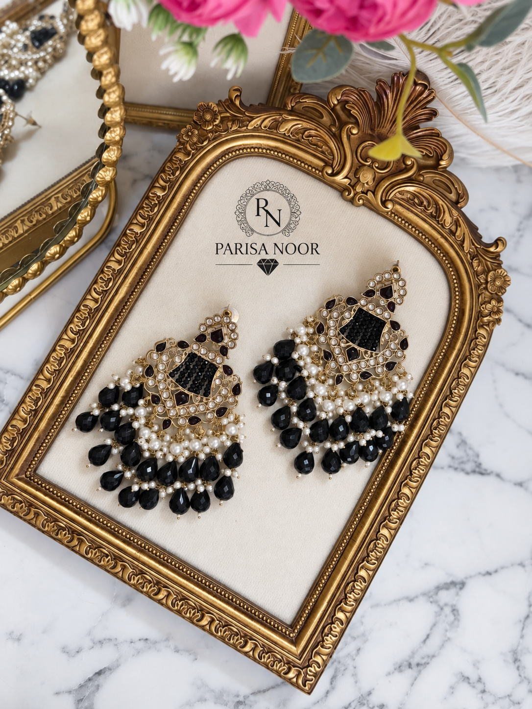 Kavira Black Kundan Pearl Chandbali Earrings