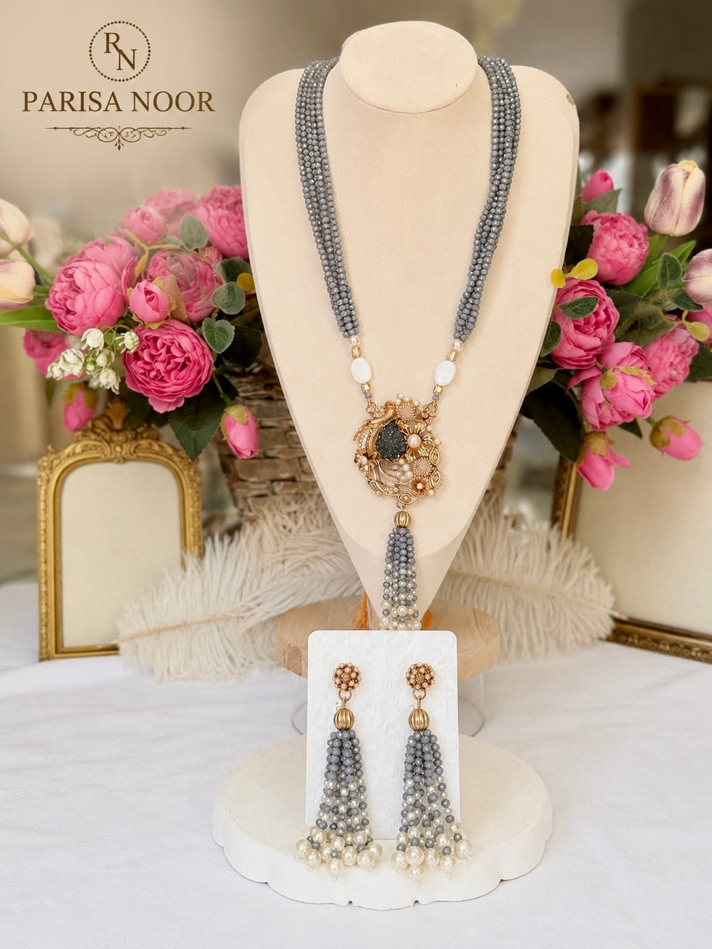 Lalezar Grey & Gold Turkish Tassel Necklace Set
