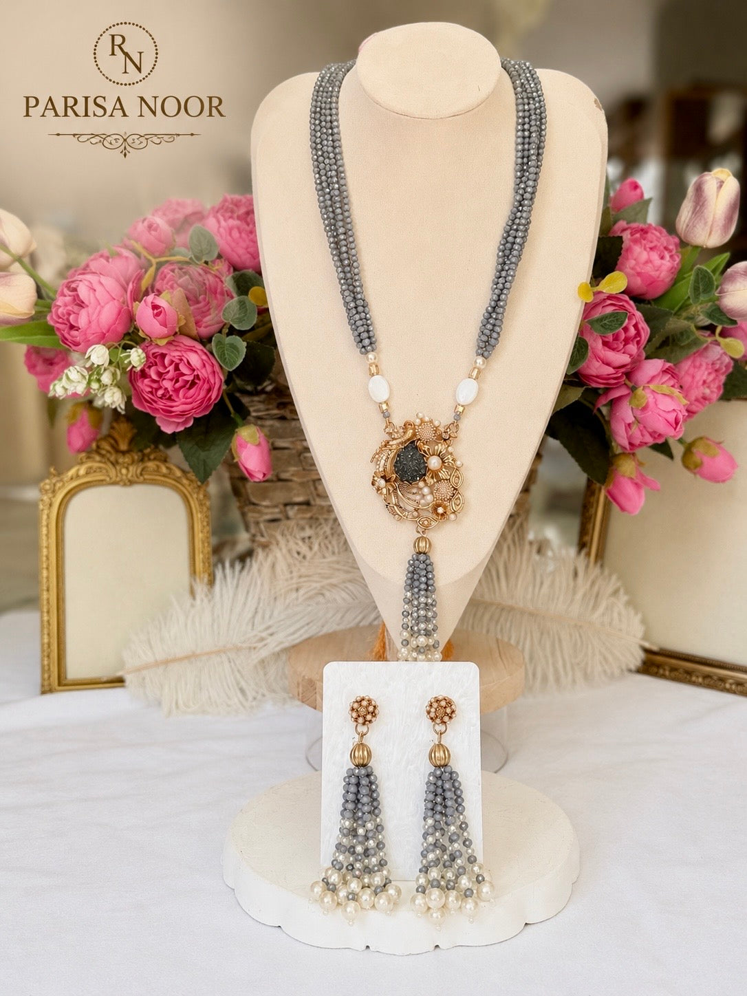 Lalezar Grey & Gold Turkish Tassel Necklace Set