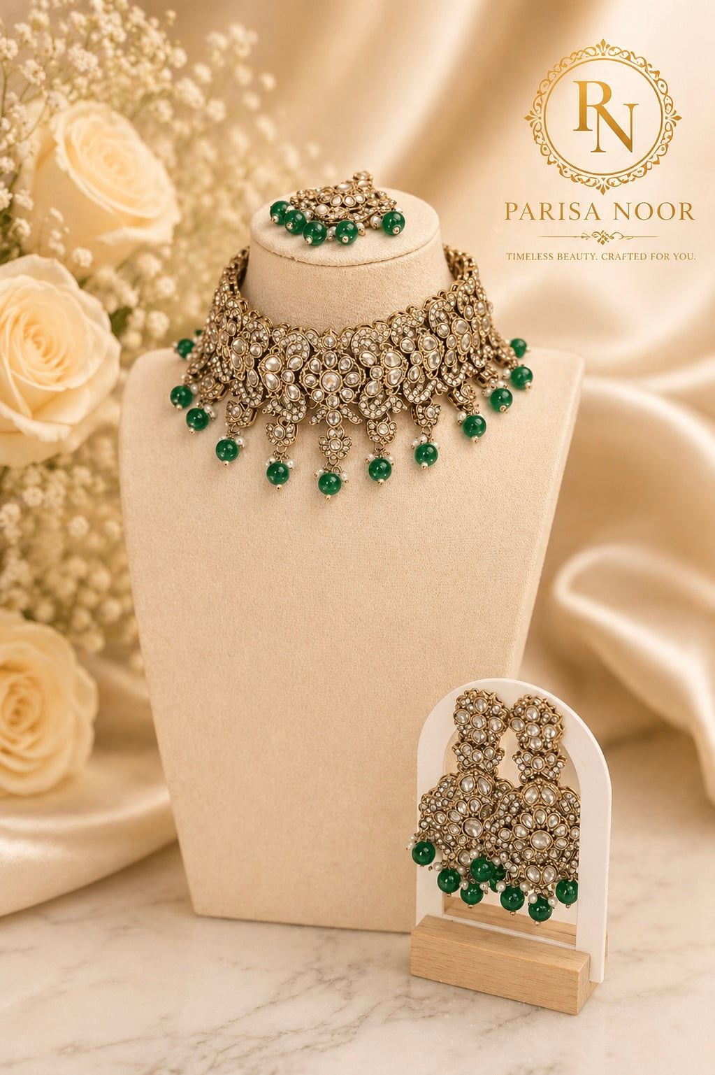 Sharvari Green Premium Necklace Set with Earring and Teeka