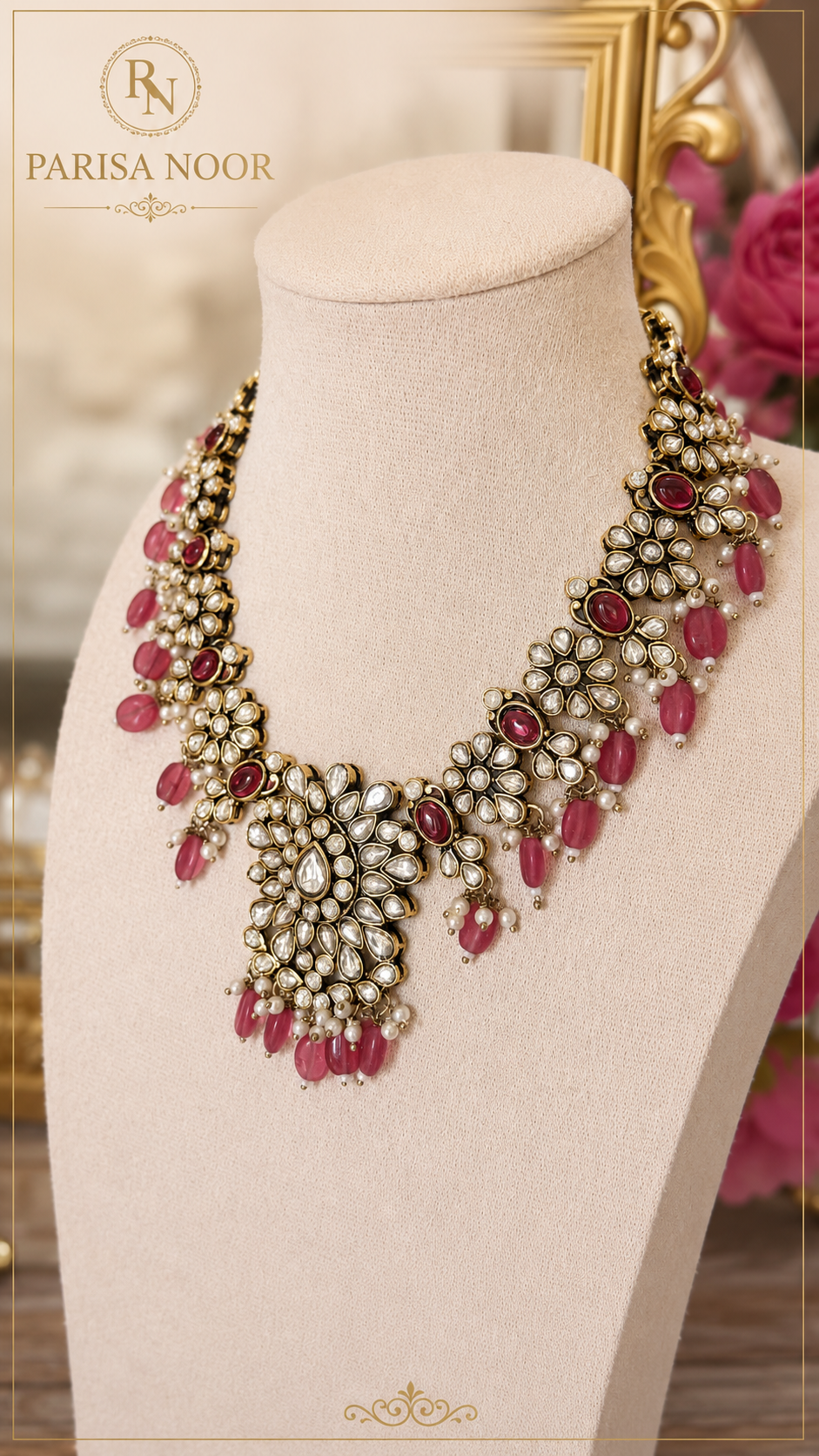 Monalisa Rose Pink Kundan Necklace Set