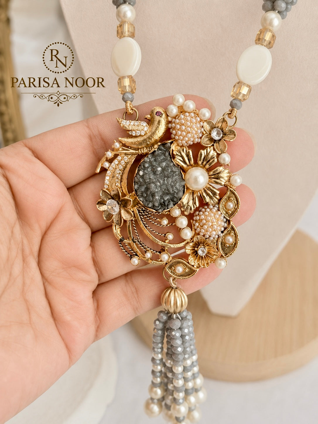 Lalezar Grey & Gold Turkish Tassel Necklace Set