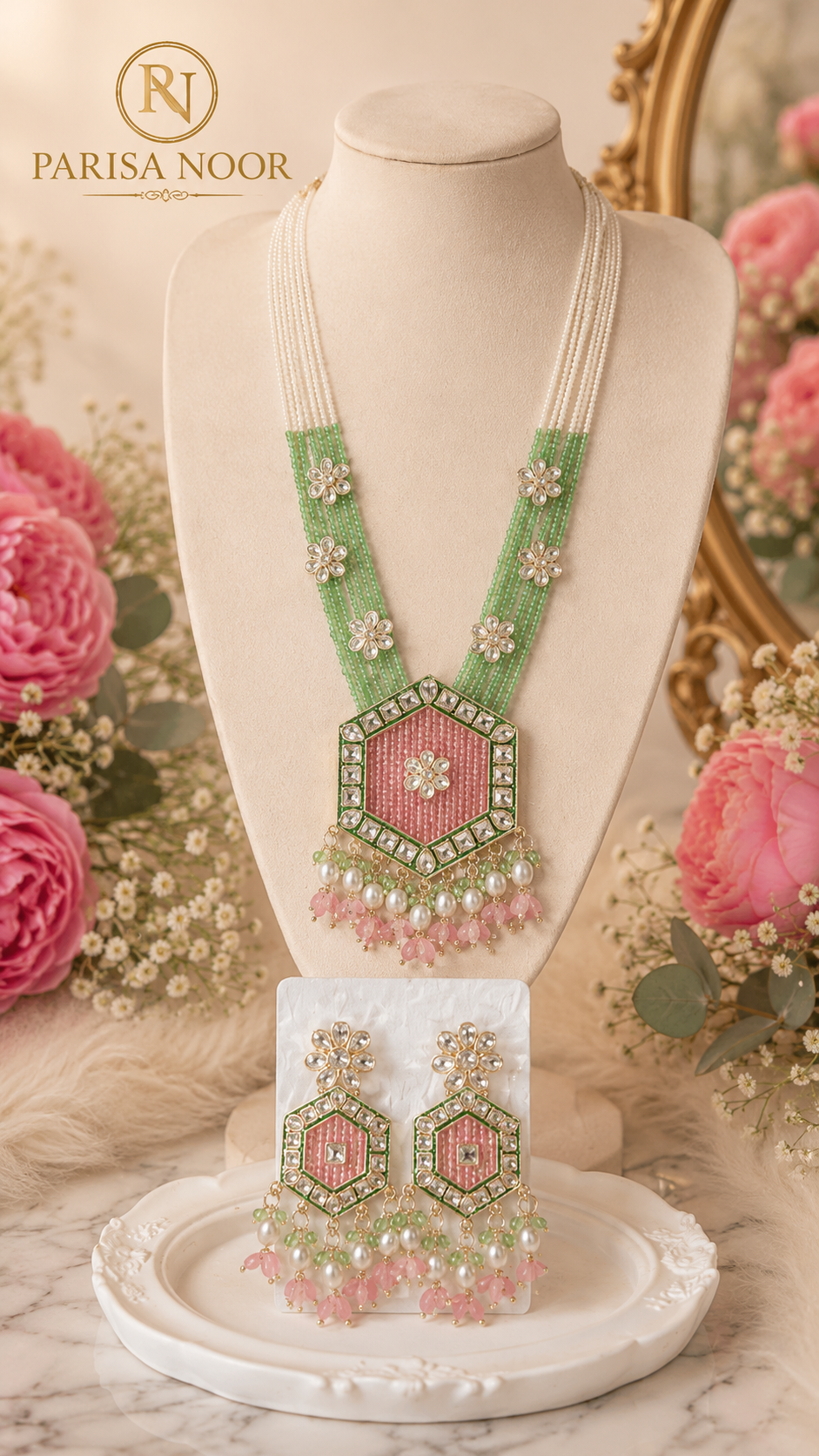 Monica Blush Mint Neelika Long Necklace Set with Earring
