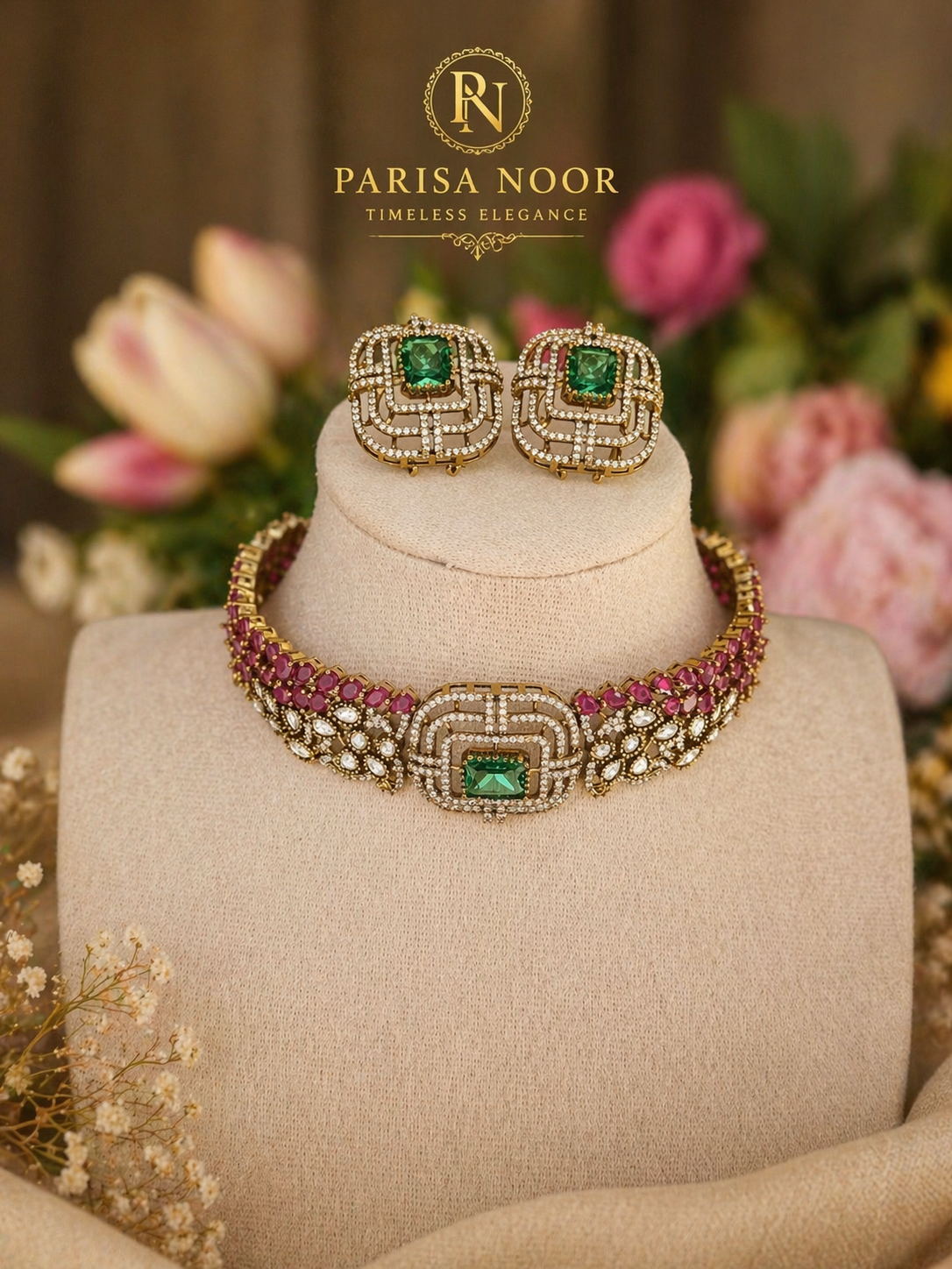 Rose Emerald Luxury Victorian Choker Necklace Set
