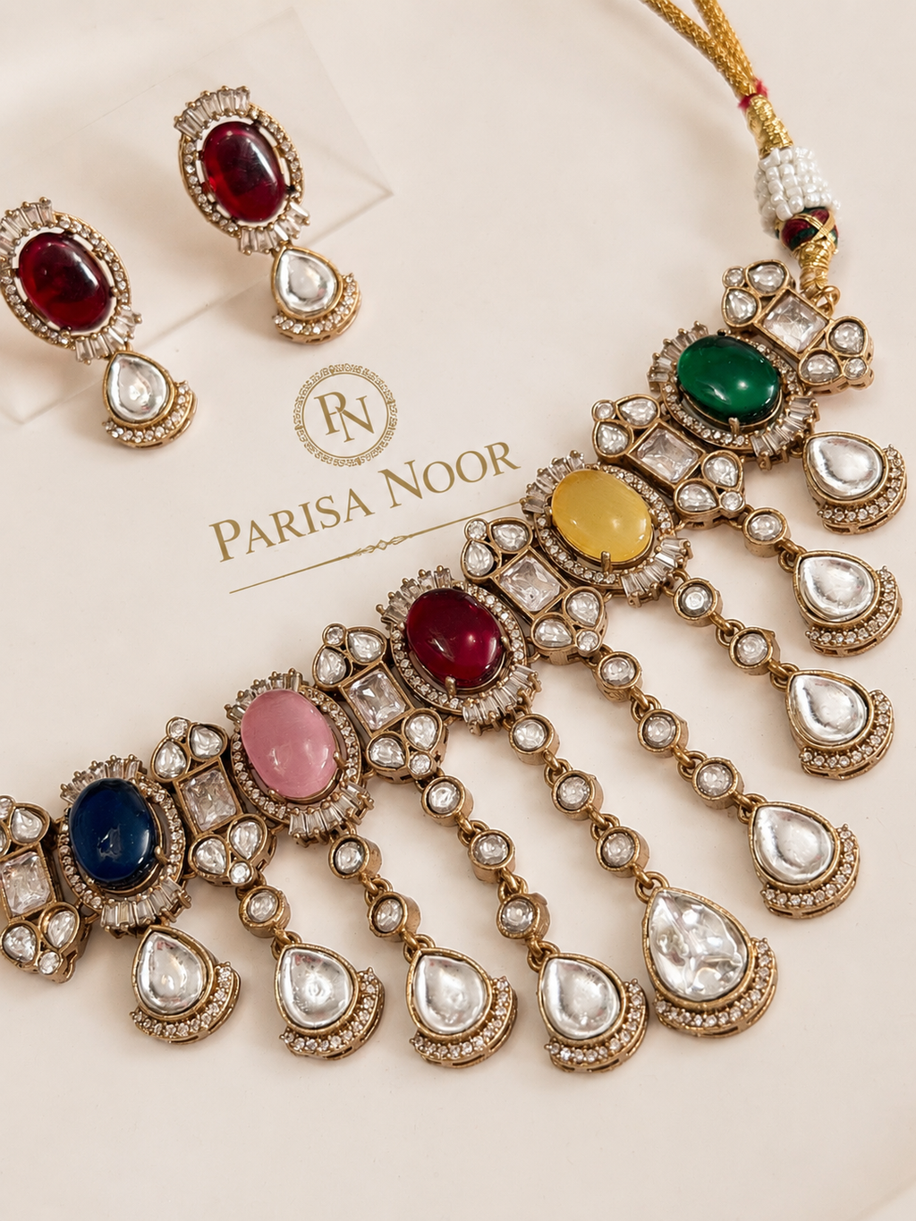 Zareefa Multicolour Waterfall Kundan Necklace Set