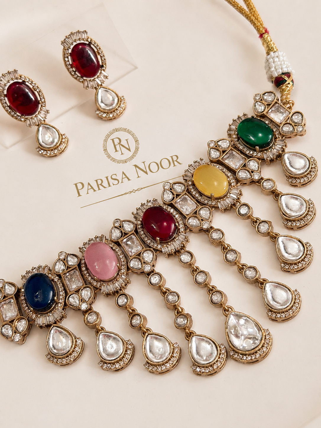 Zareefa Multicolour Waterfall Kundan Necklace Set