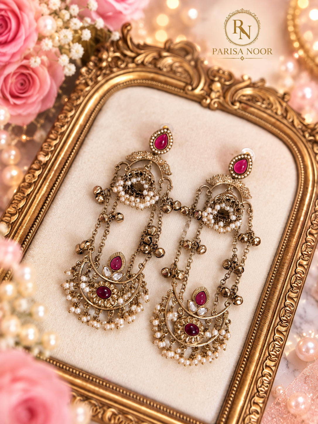 Mahrika Ruby Pink Champagne Ghungru Earrings