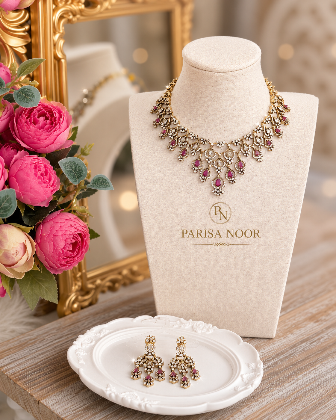 Rubaab Victorian Moissanite Necklace Set – Ruby Pink