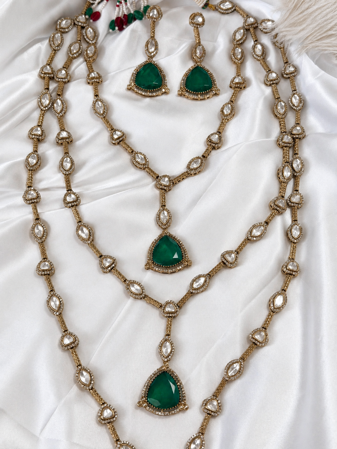 Samyukta Rajrani Emerald Layered Long Necklace Set