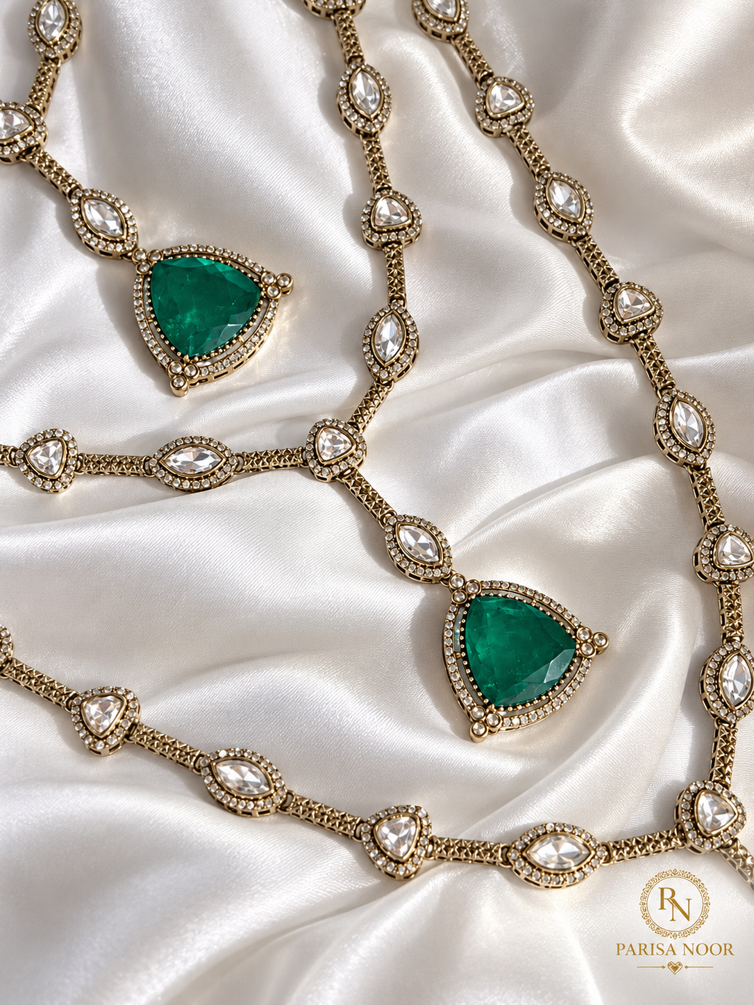 Samyukta Rajrani Emerald Layered Long Necklace Set