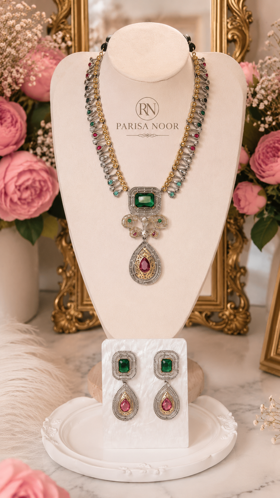 Saharika Oxidised Emerald Pendant Necklace Set