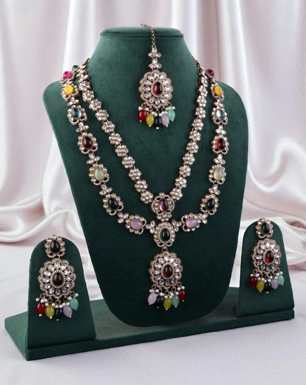 Naveli Multi Premium Layer Kundan Long Necklace with Earring and Mangteeka