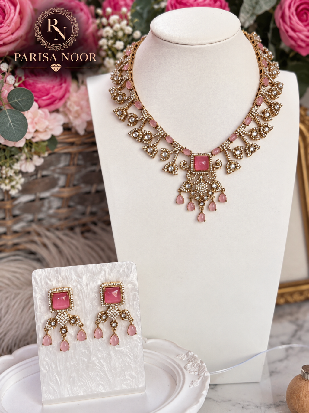 Velina Premium Kundan Designer Necklace Set - Blush Pink