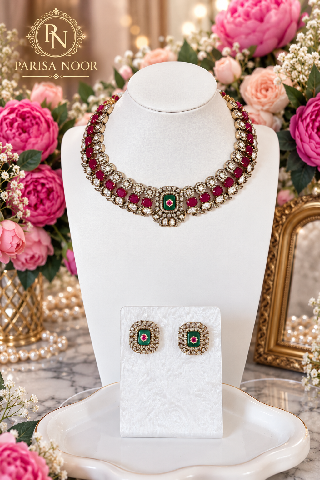 Elvaira Ruby Pink & Mint Green Premium Victorian Designer Necklace Set