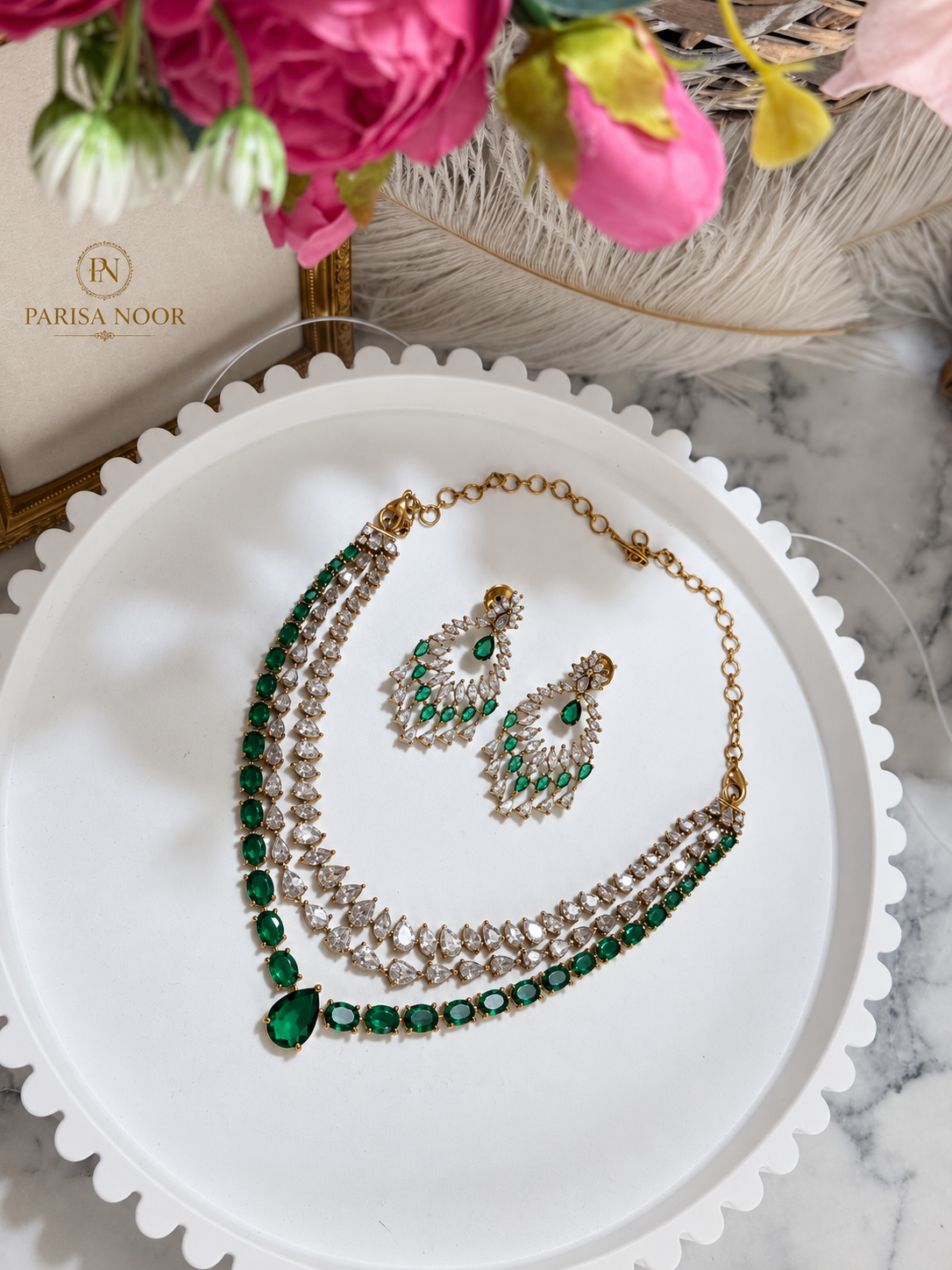 Avelora Layered Emerald Victorian AD Necklace Set