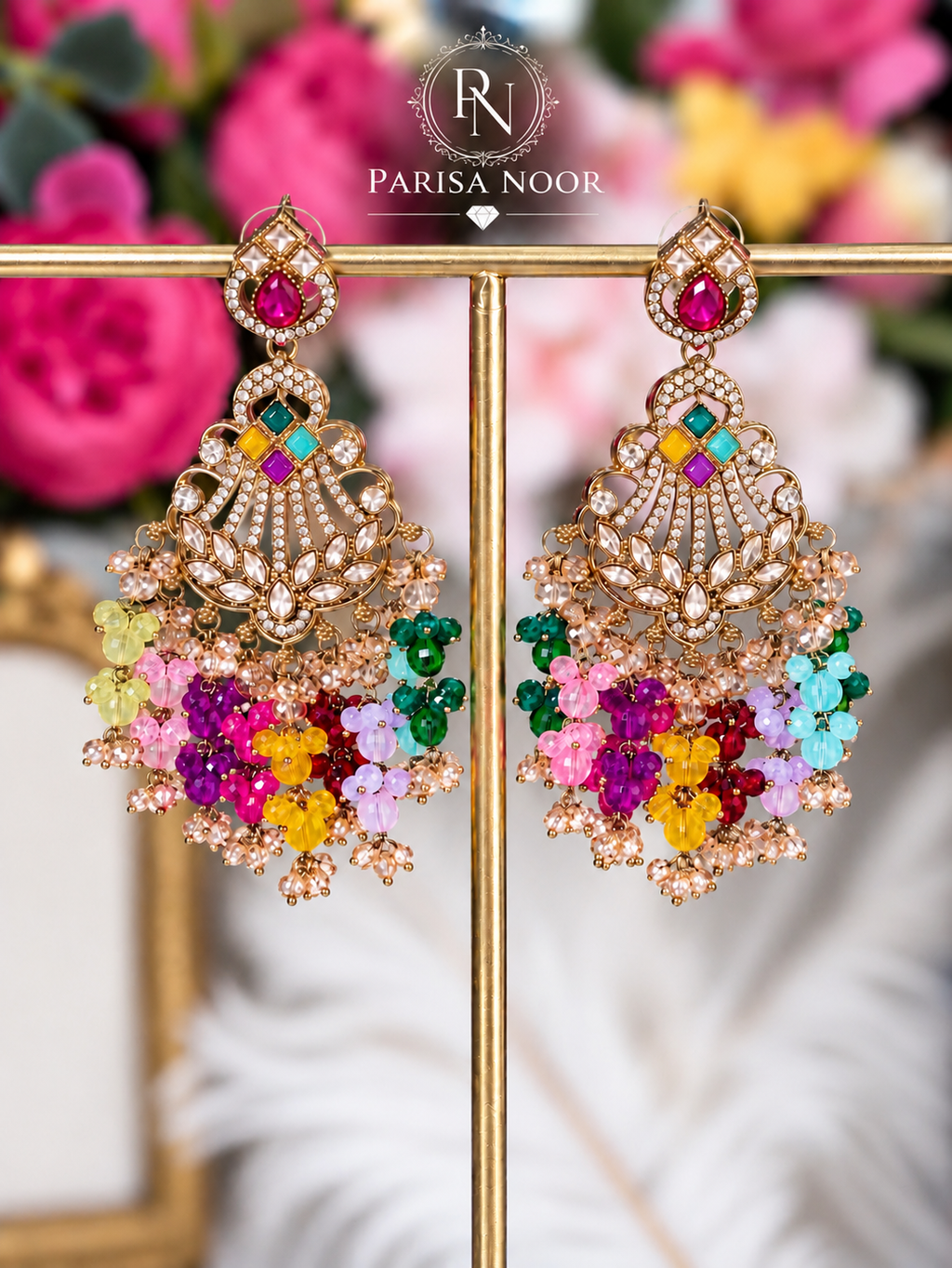 Zavelle Multicolour Kundan Beaded Chandbali Earrings