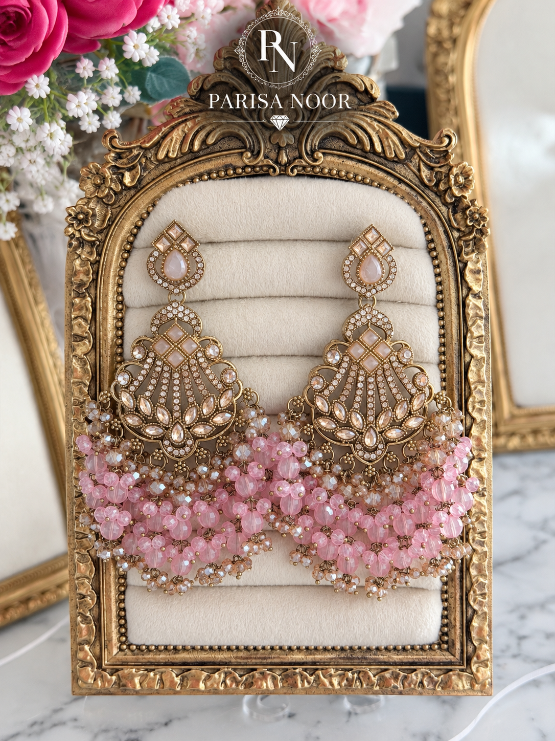 Inara Pink Kundan Beaded Chandbali Earrings