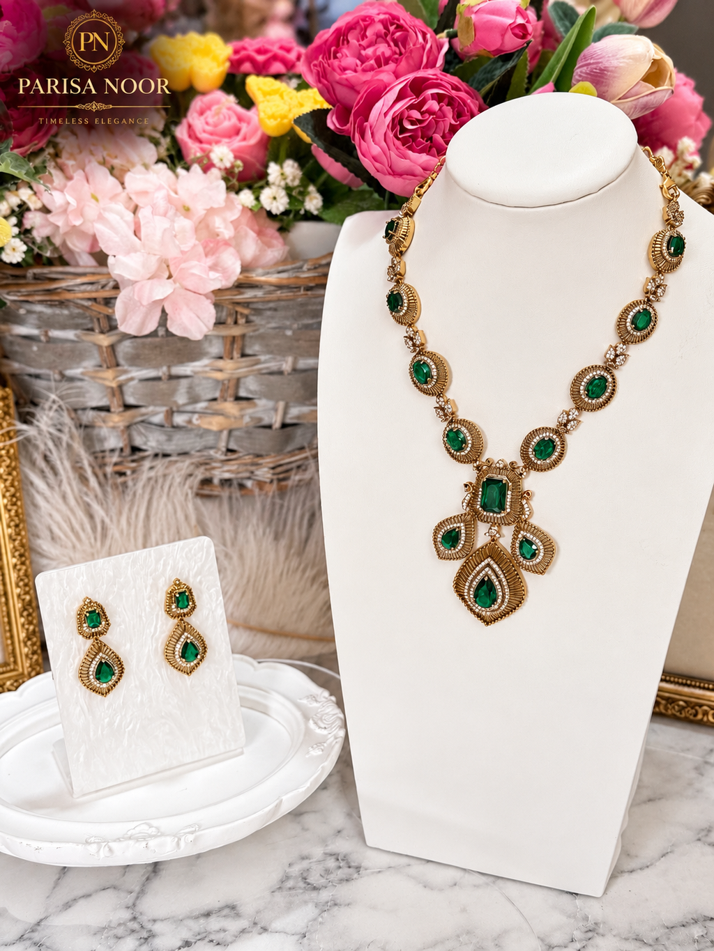 Kashira Green Heritage AD Semi-Long Necklace Set