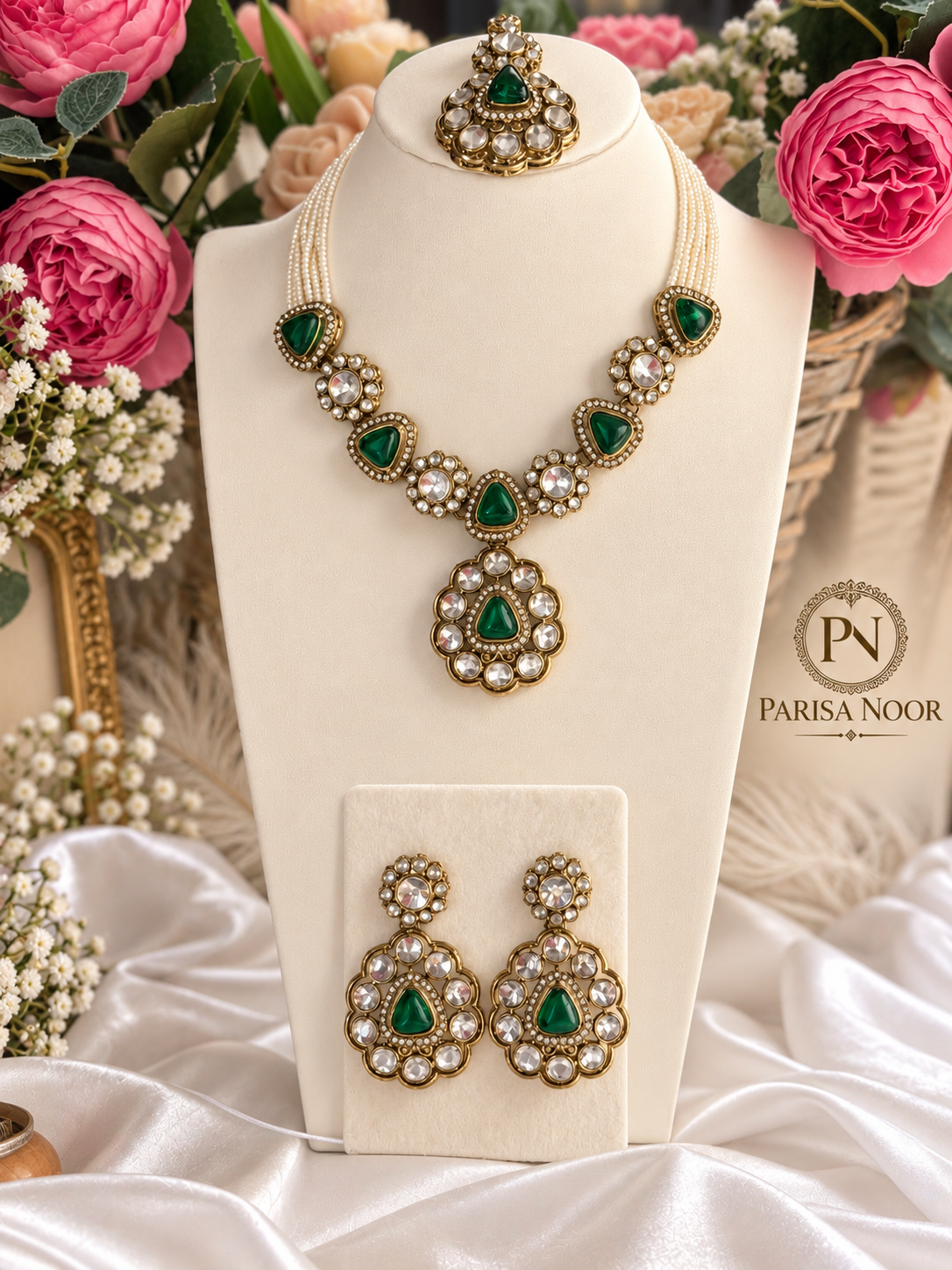 Mehrvani Emerald Green Polki Kundan Necklace Set