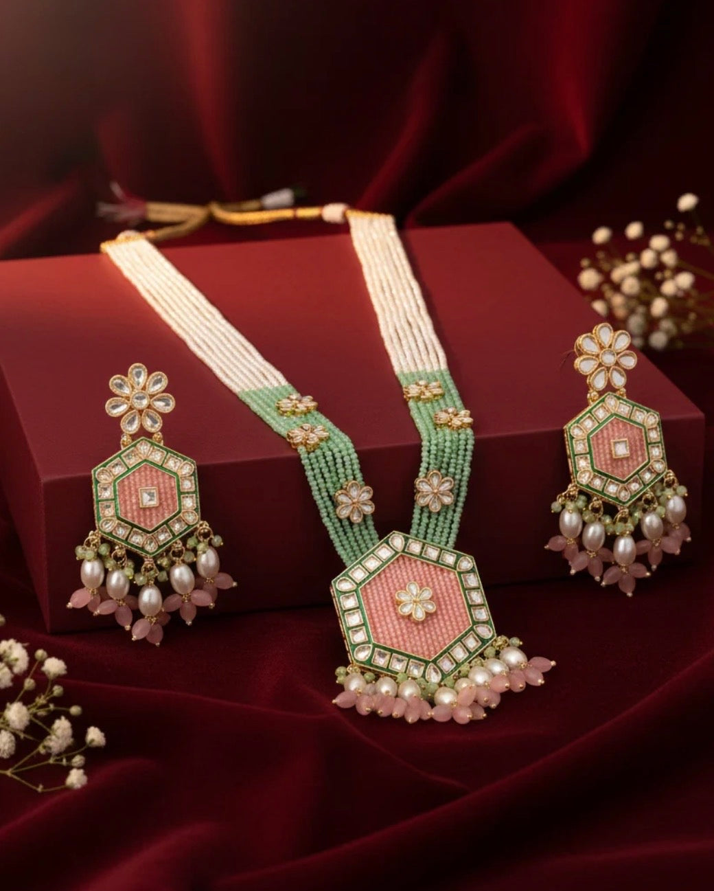 Monica Blush Mint Neelika Long Necklace Set with Earring