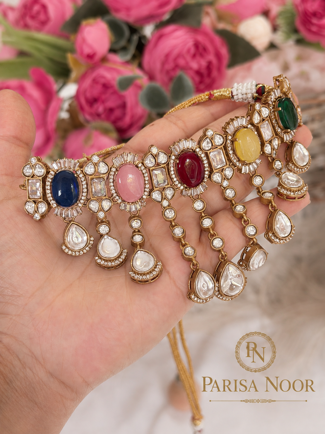 Zareefa Multicolour Waterfall Kundan Necklace Set