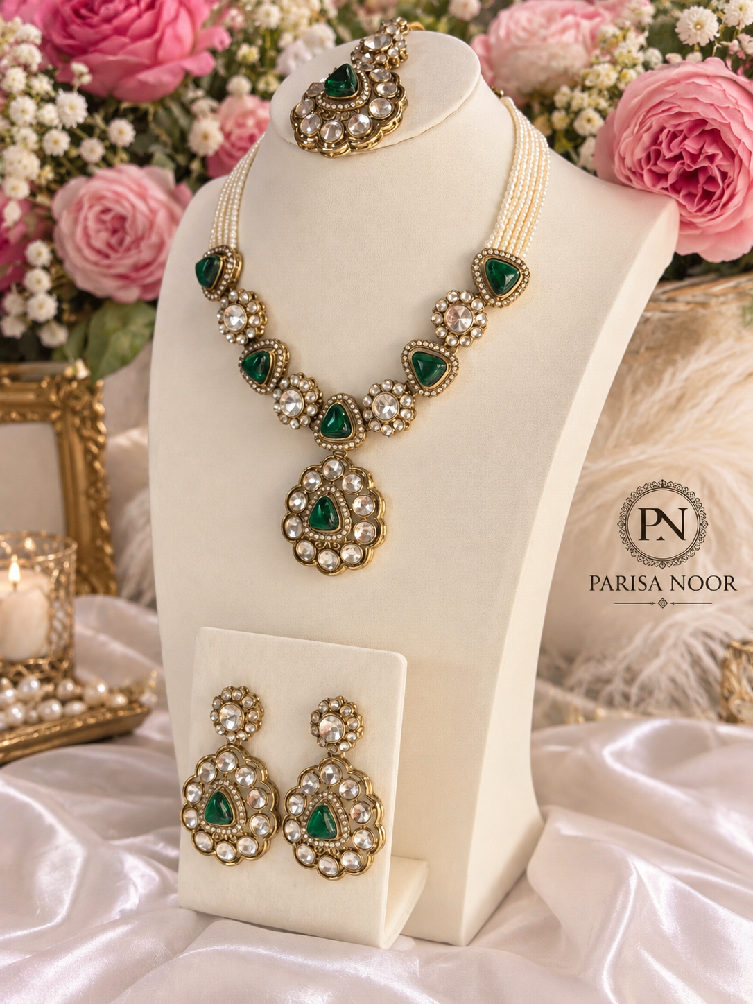 Mehrvani Emerald Green Polki Kundan Necklace Set