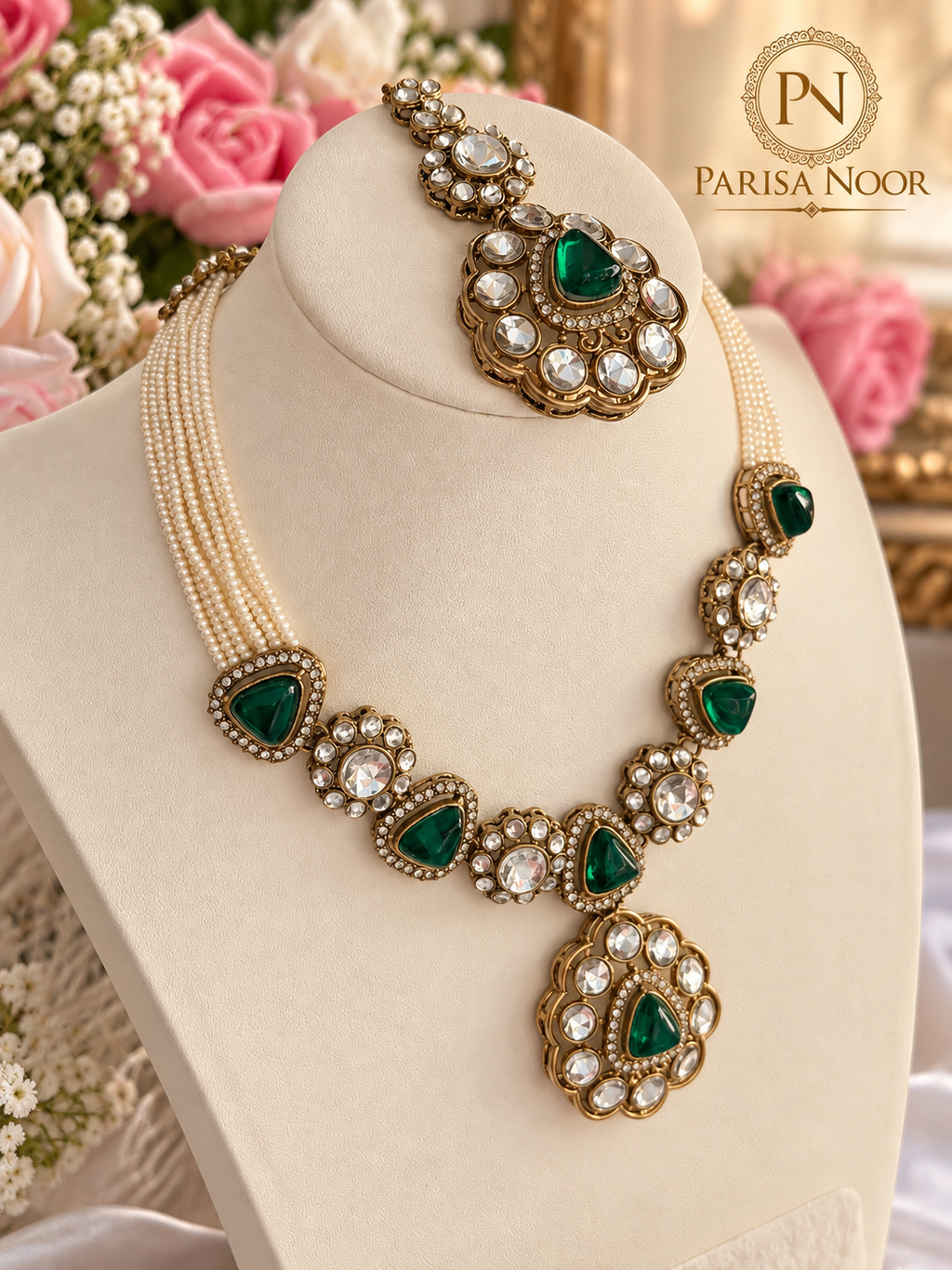 Mehrvani Emerald Green Polki Kundan Necklace Set