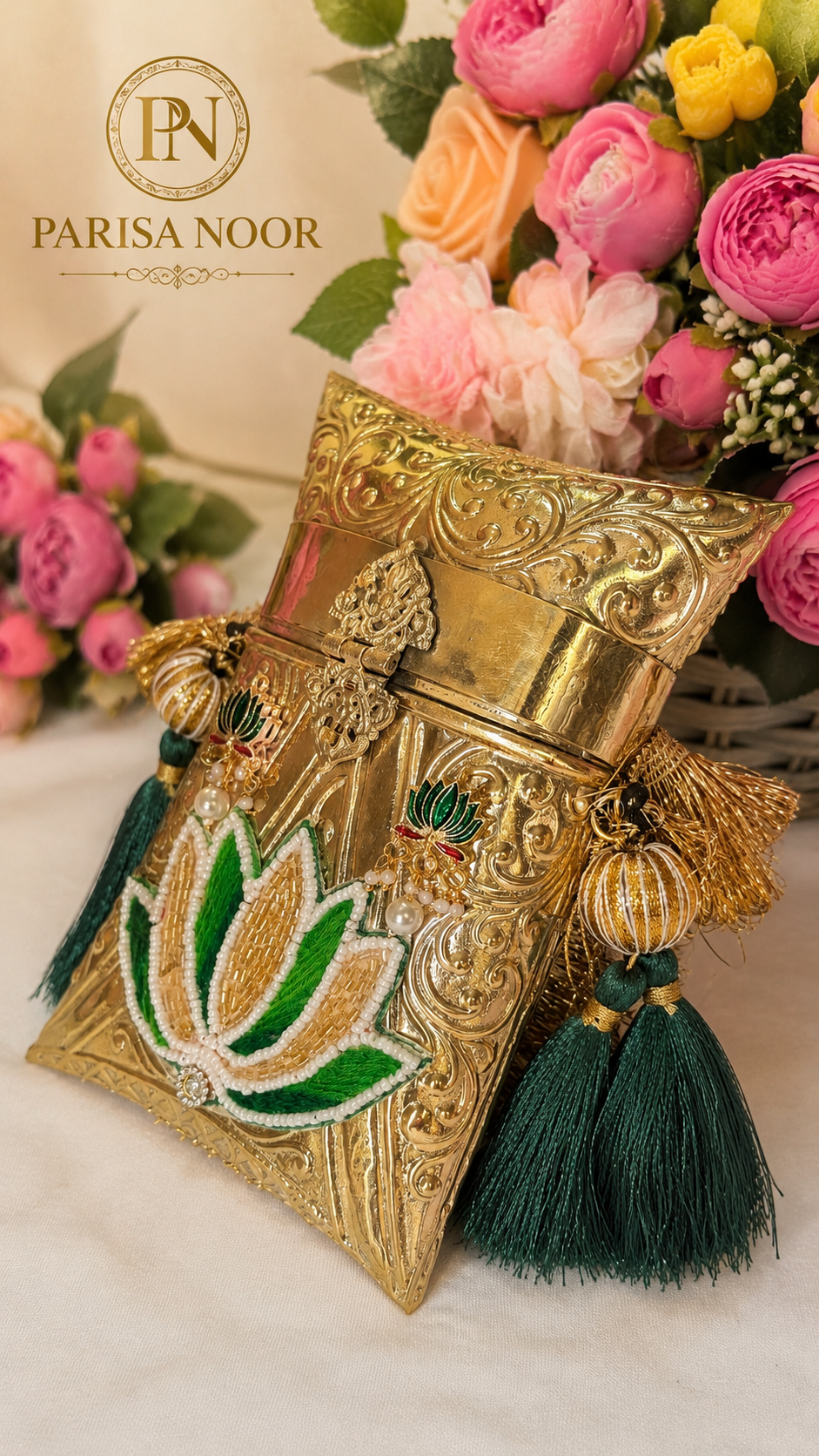 Shefali Emerald Lotus Brass Clutch Handbag