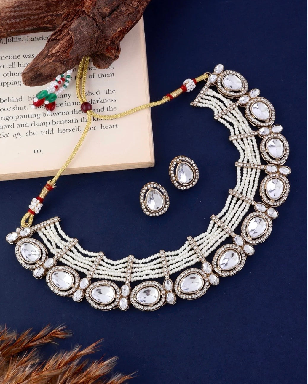 Sabina Pearl Zircone Polki Pearl Necklace with Earring