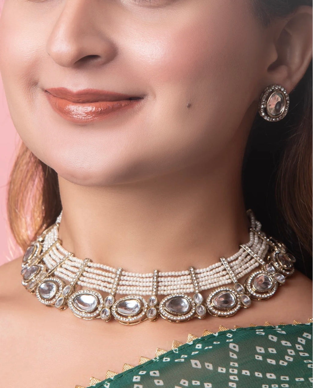 Sabina Pearl Zircone Polki Pearl Necklace with Earring