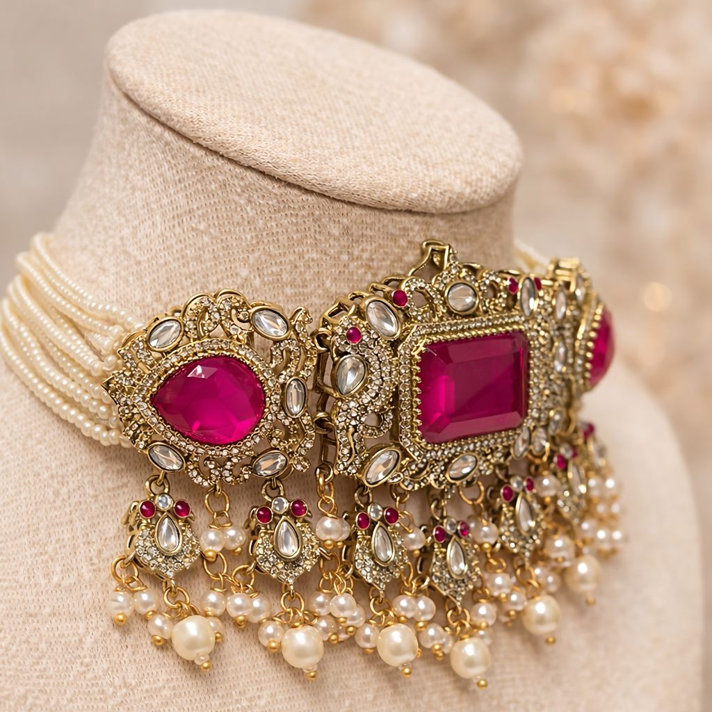 Hayat Victorian Choker Necklace Set - Pink