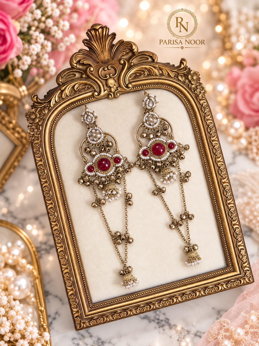 Ruhbina Ruby Champagne Gold Kashmiri Ghungru Earrings
