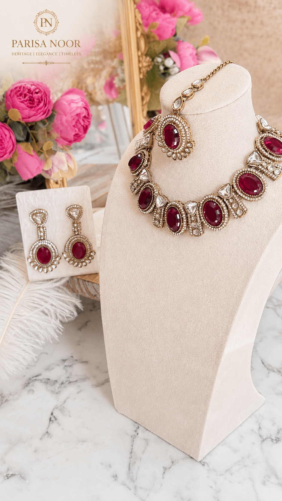 Rumena Garnet Polki Kundan Necklace Set
