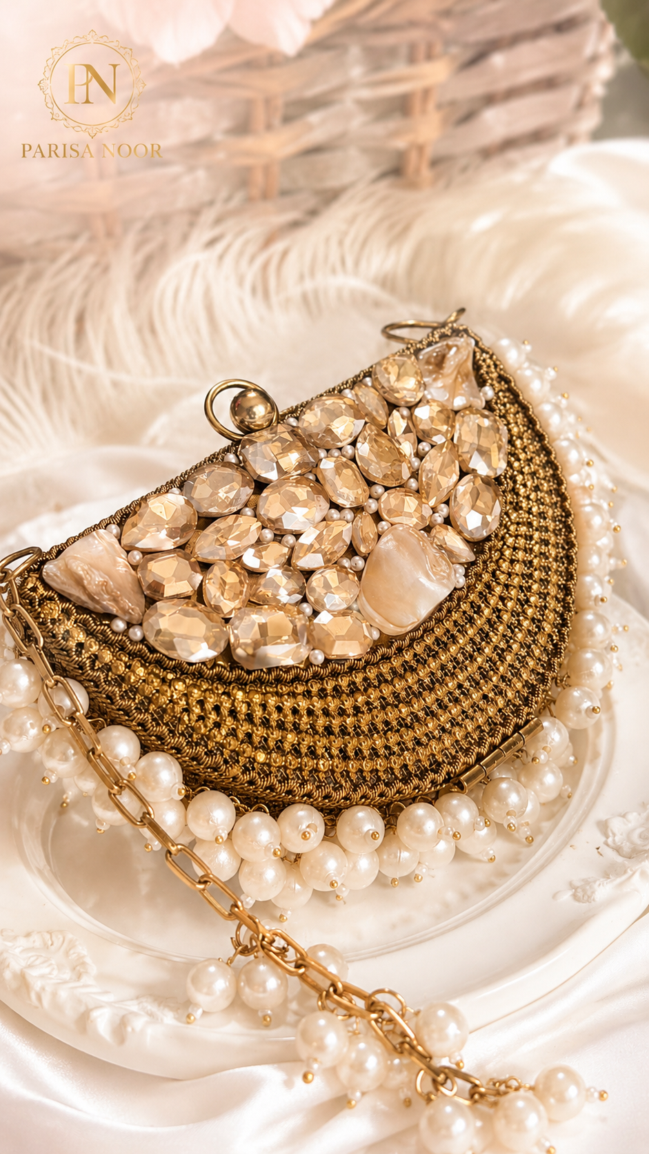 Luna Luxe Half Moon Pearl Crystal Mini Clutch
