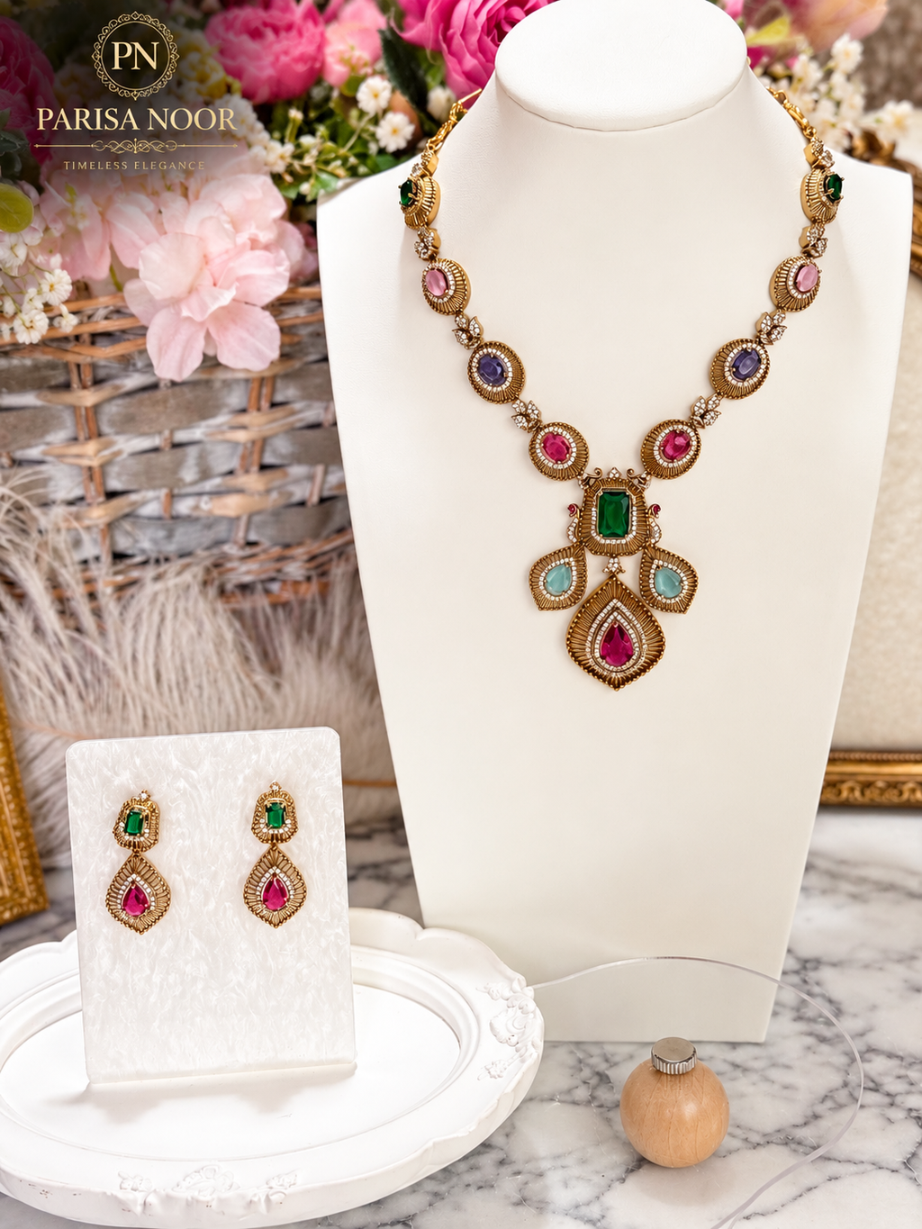 Kashira Multicolour Semi-Long Heritage AD Necklace Set