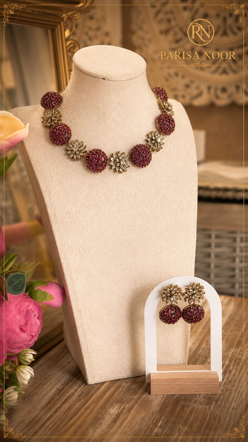 Laila Victorian AD Ruby Pink Necklace Set