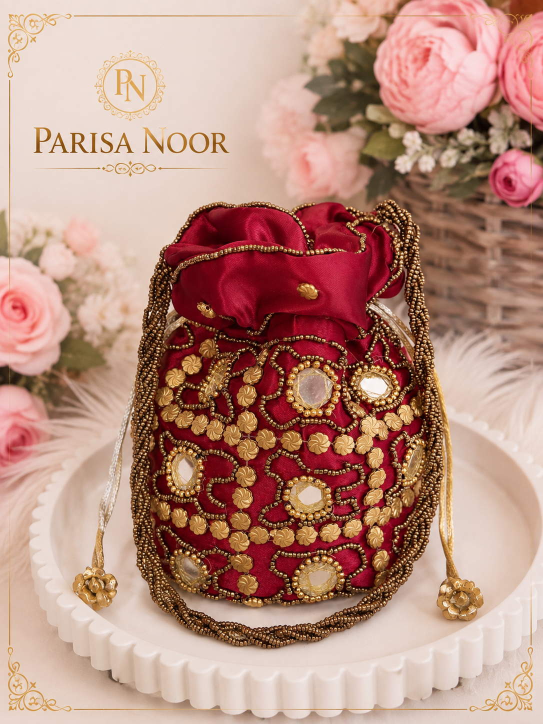 Zura Burgundy Red & Gold Designer Potli Bag