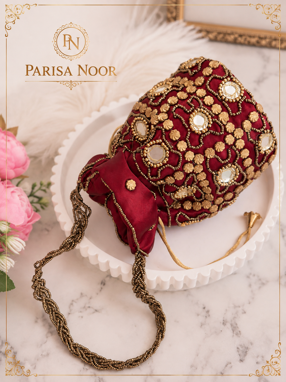 Zura Burgundy Red & Gold Designer Potli Bag