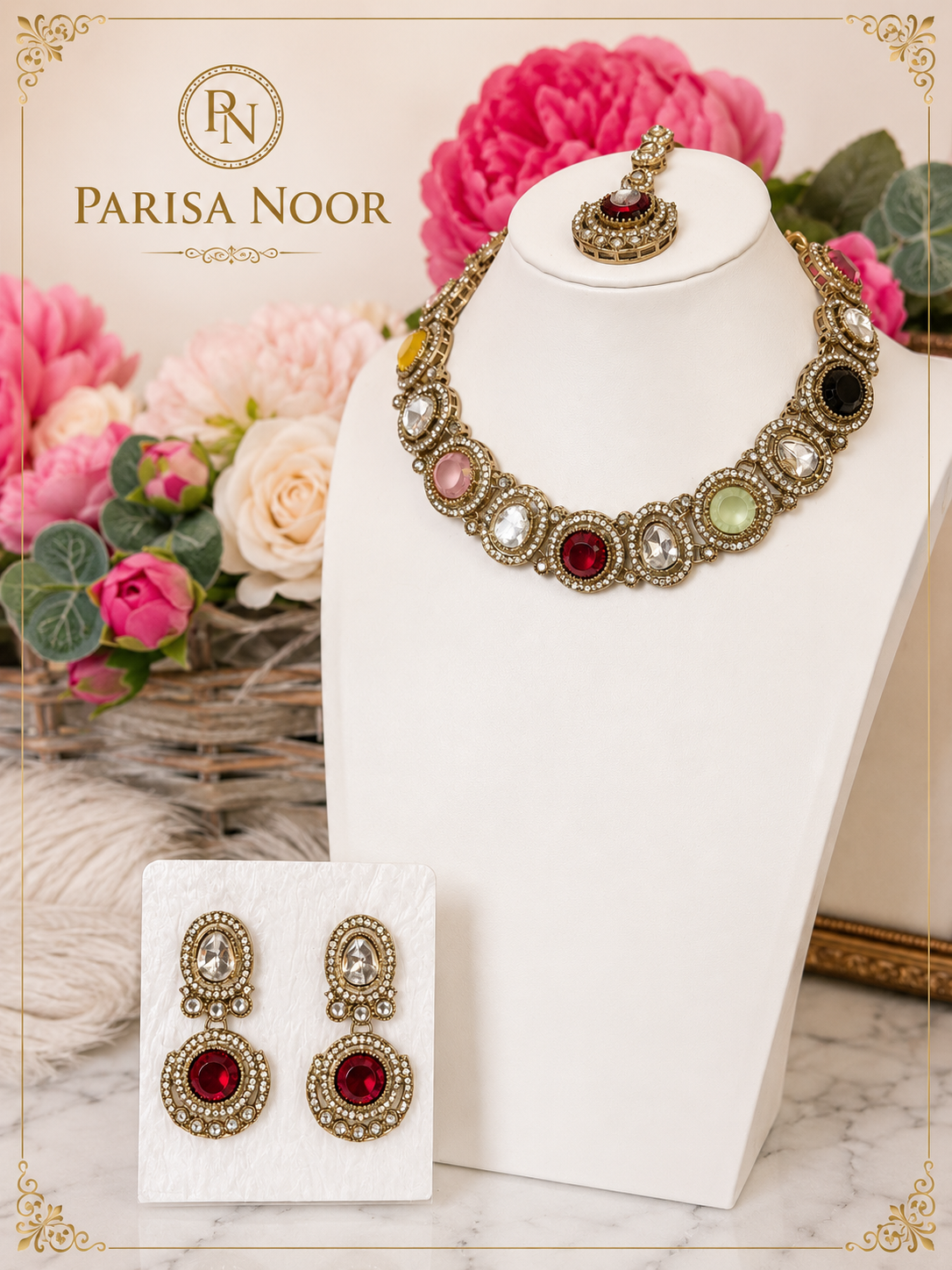 Saran Multicolour Luxury Polki Kundan Necklace Set