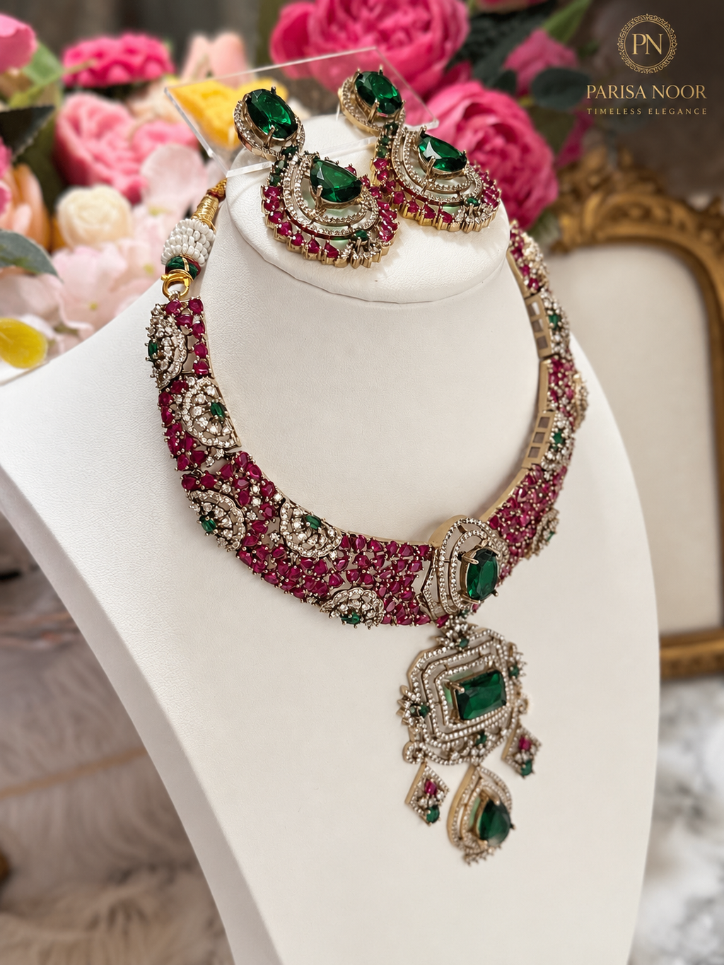Fariha Premium Designer Victorian AD Moissanite Necklace Set