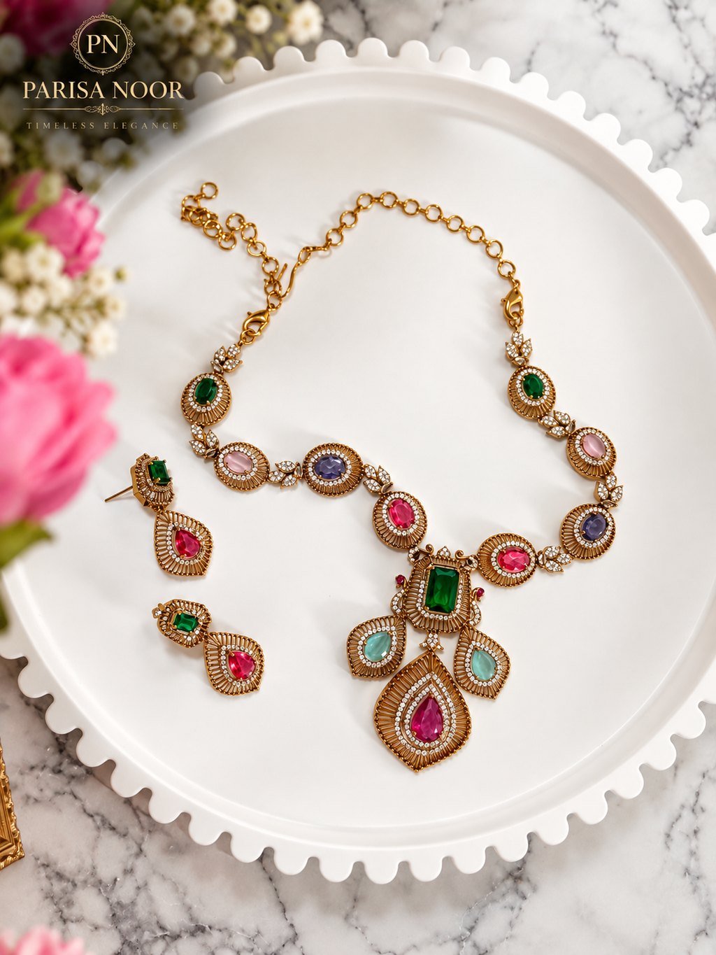 Kashira Multicolour Semi-Long Heritage AD Necklace Set