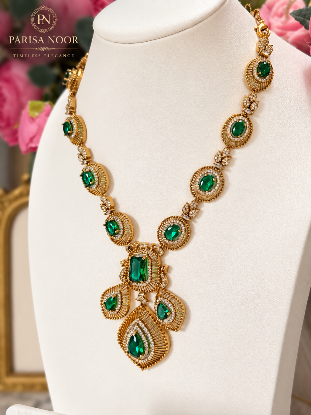 Kashira Green Heritage AD Semi-Long Necklace Set