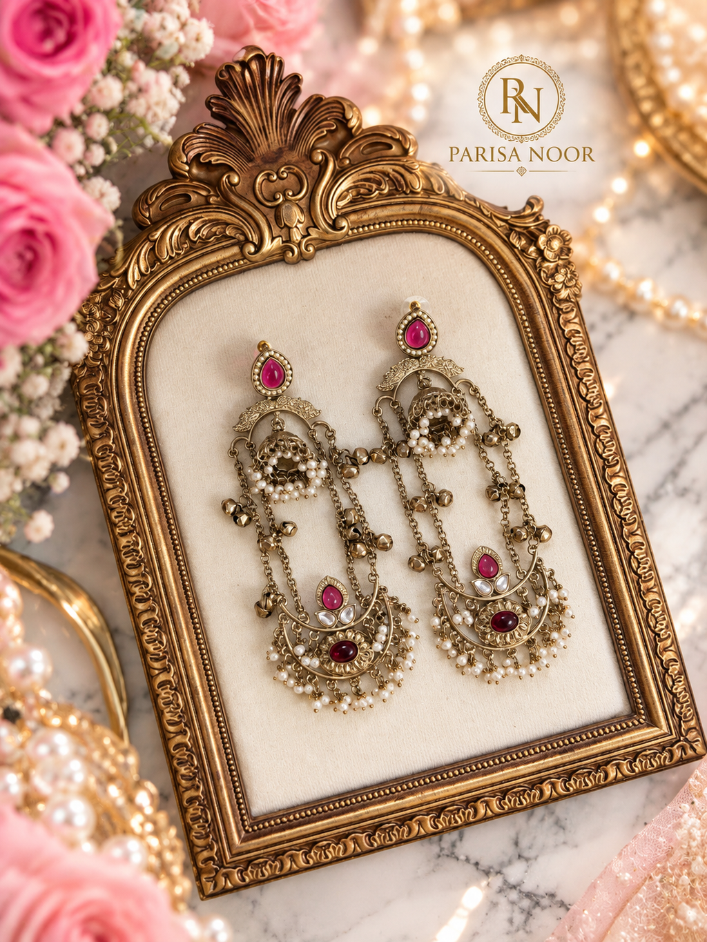 Mahrika Ruby Pink Champagne Ghungru Earrings