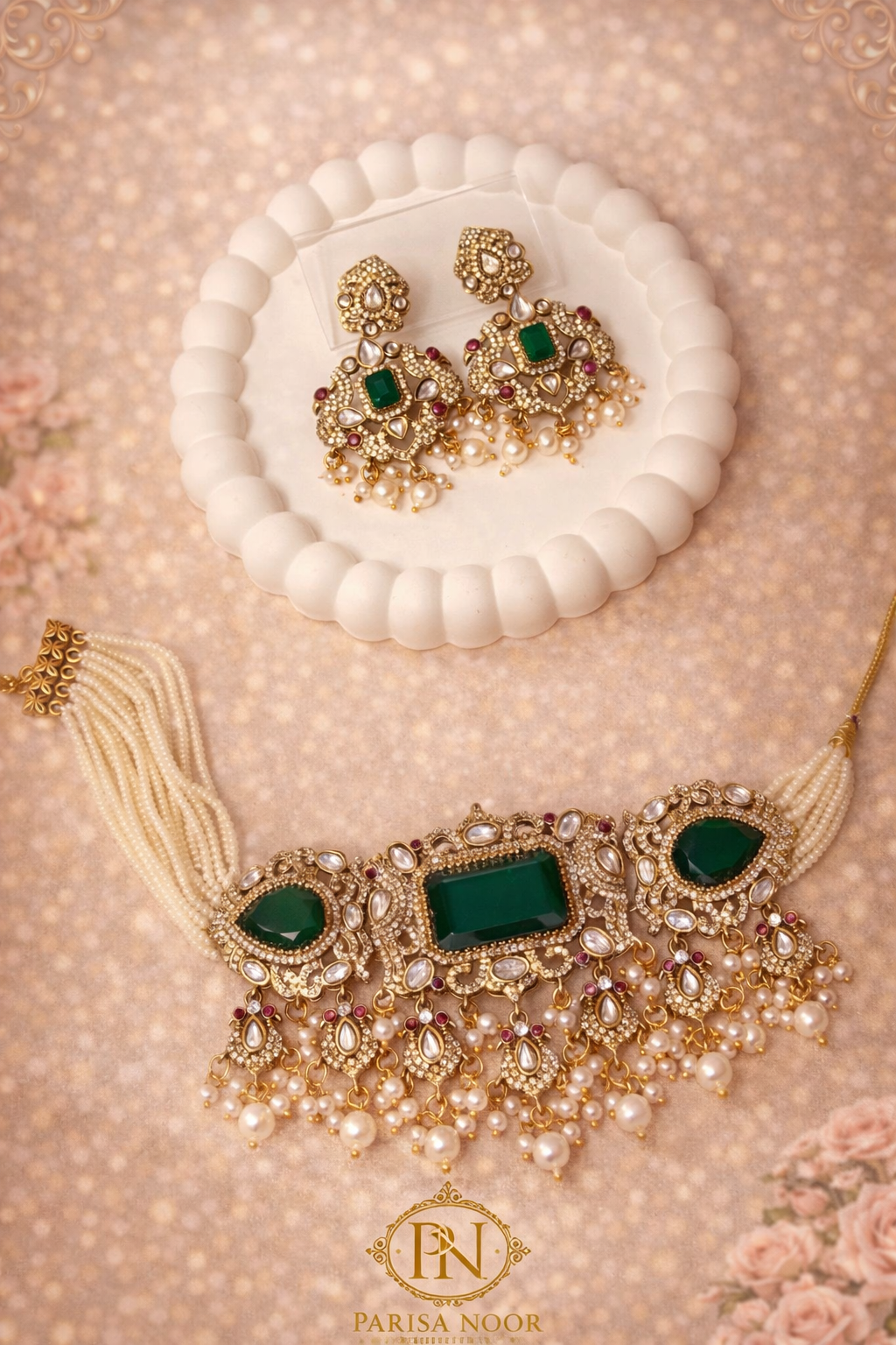 Hayat Victorian Choker Necklace Set -Emerald Green