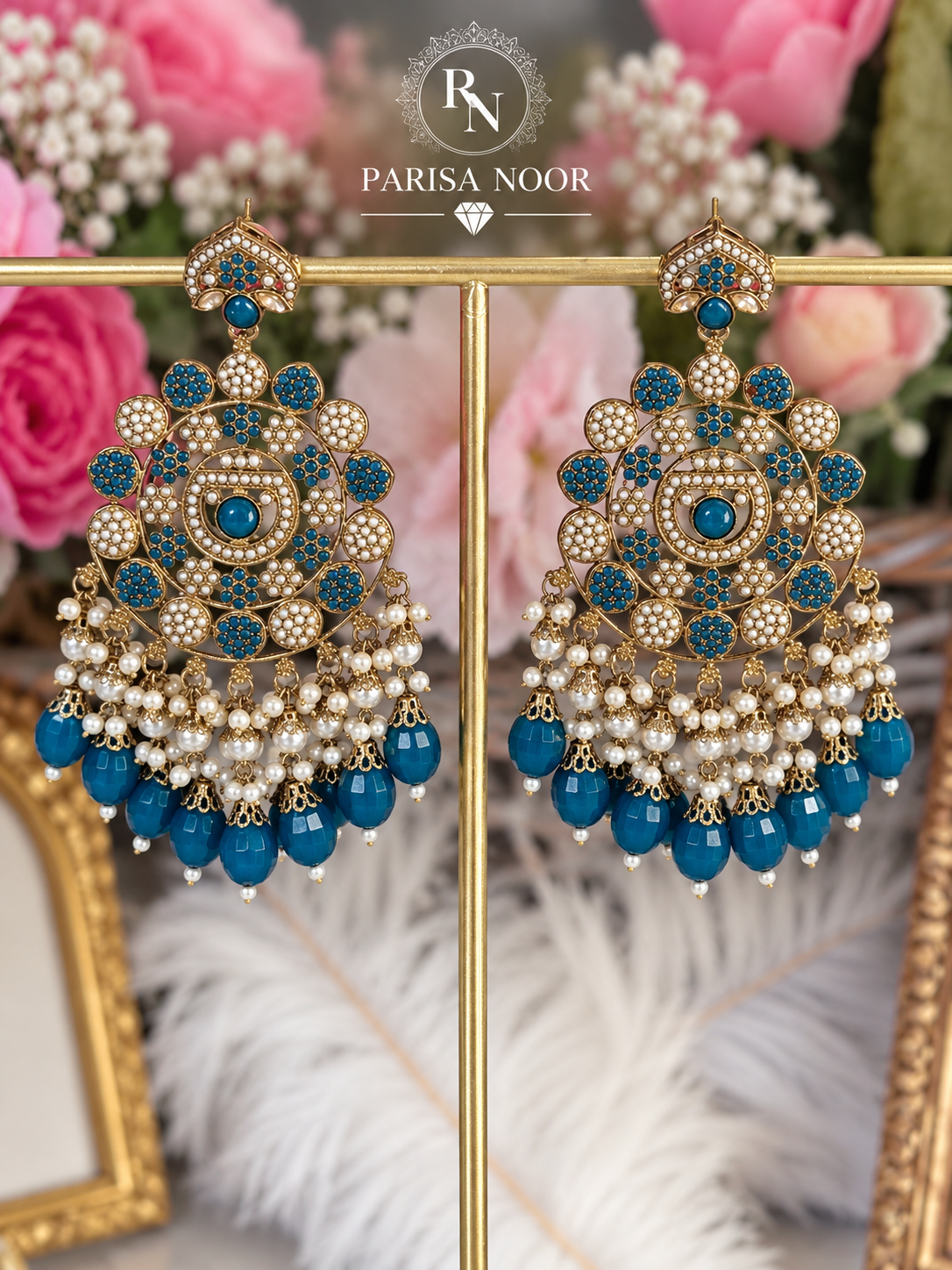 Zafira Turkish Blue Kundan Pearl Statement Earrings