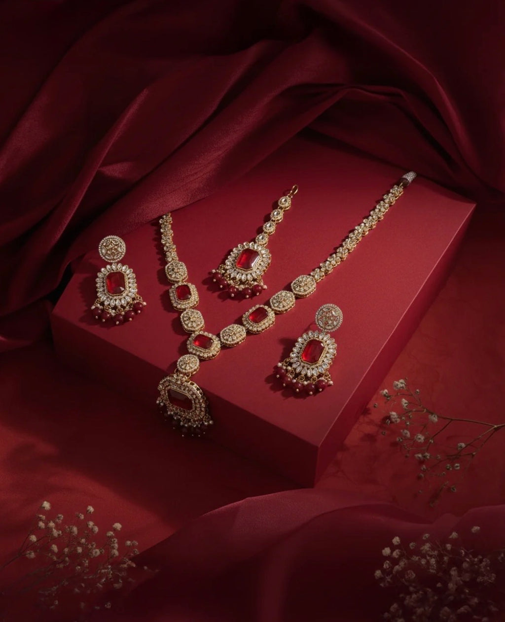 Shalimar Red Premium Polki Long Necklace with Earring and Teeka