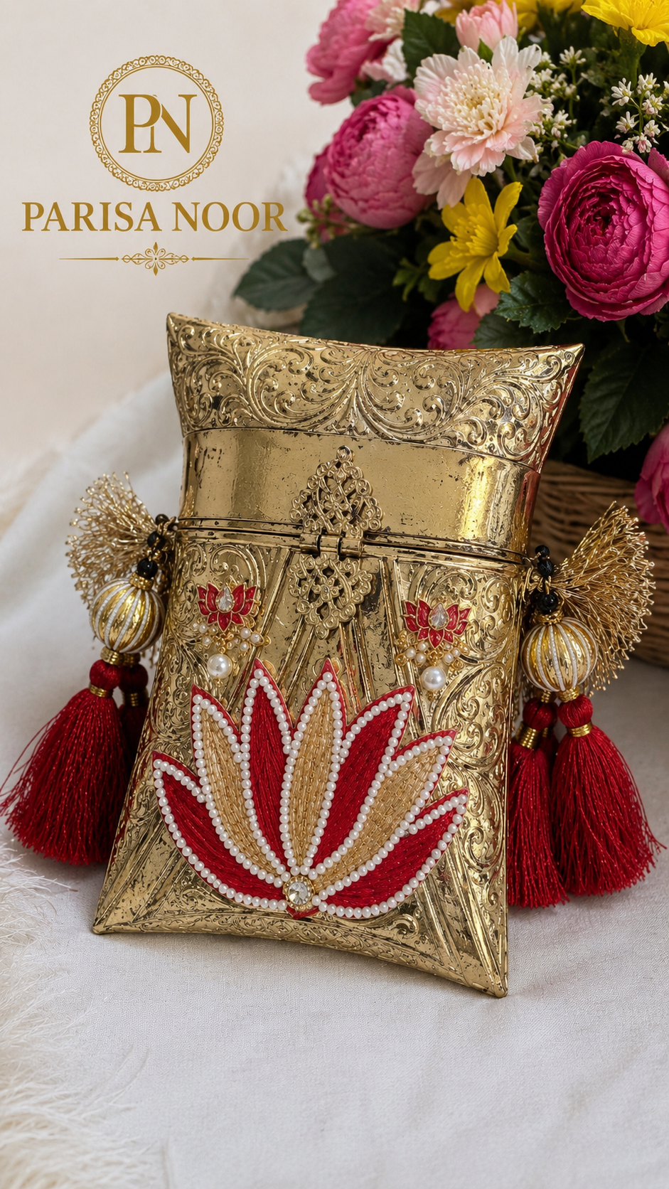 Shefali Red Lotus Brass Clutch Handbag
